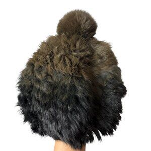 Rudsak Black Khaki 100% Rabbit Fur Toque Hat with Pom Pom Winter Warm Soft